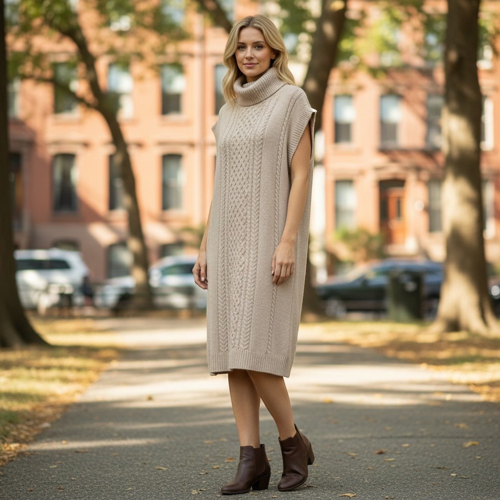 Lucky Brand sz L sweater dress oatmeal cowl neck sleeveless lagenlook new tags P